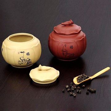 廠家直銷(xiāo)宜興紫砂密封防潮存茶缸普洱醒茶罐 兩色福祿壽喜蓮藕罐